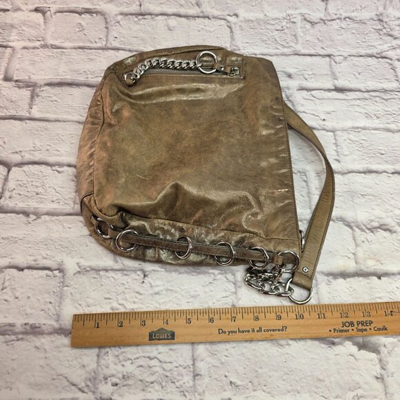 Michael Kors Designer Shoulder Bag Metallic Taupe Leather w/ Chain Accent - Picture 13 of 14